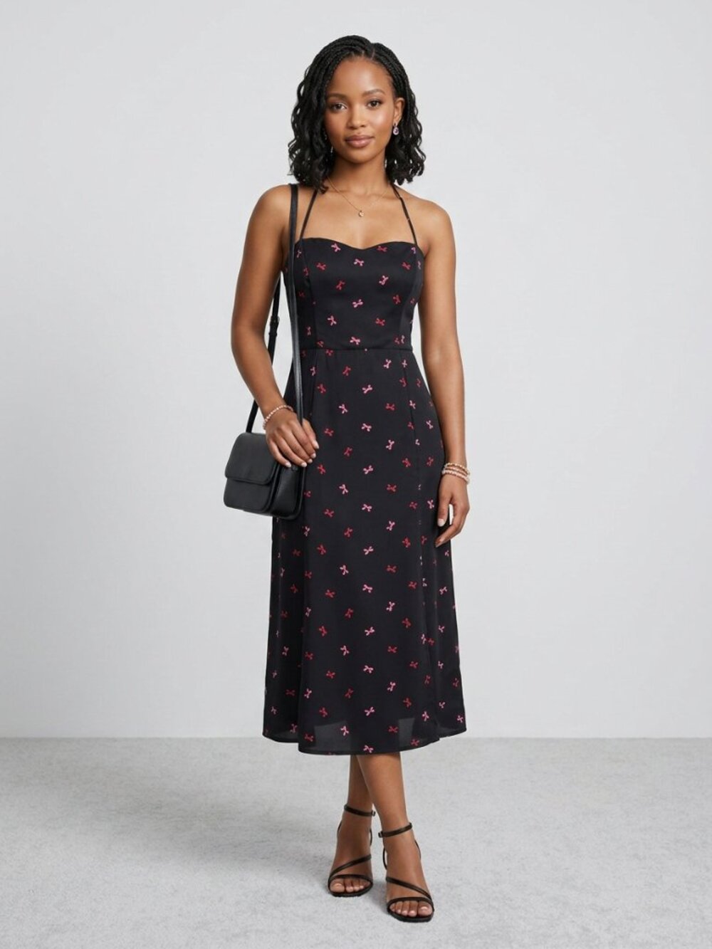 FRANCESCA'S | Black Midi Dress with Pink Coquette Bow Print Sz M